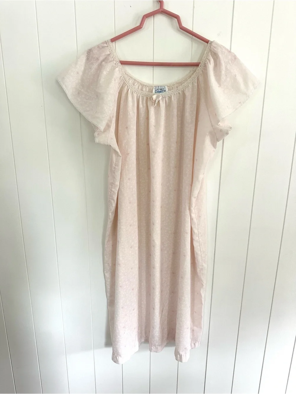 Vintage 1980’s Dimity Light Pink Floral Nightgown with Lace Trim - minor stains